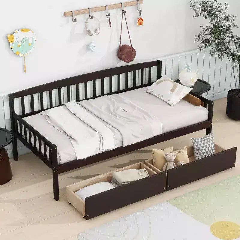 Lit de repos double en bois de pin avec 2 tiroirs de rangement et 10 lattes de support, marron