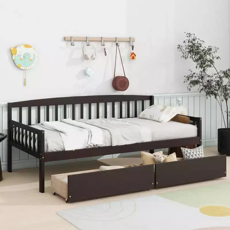 Lit de repos double en bois de pin avec 2 tiroirs de rangement et 10 lattes de support, marron