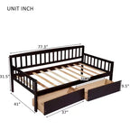 Lit de repos double en bois de pin avec 2 tiroirs de rangement et 10 lattes de support, marron