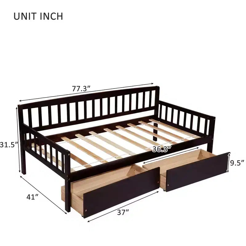 Lit de repos double en bois de pin avec 2 tiroirs de rangement et 10 lattes de support, marron