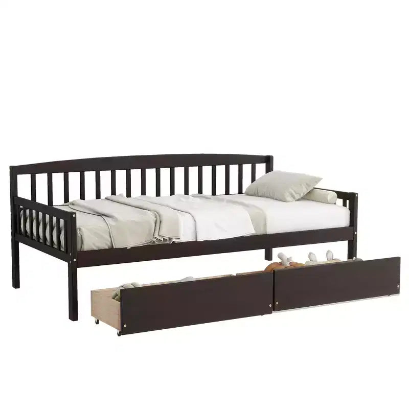Lit de repos double en bois de pin avec 2 tiroirs de rangement et 10 lattes de support, marron
