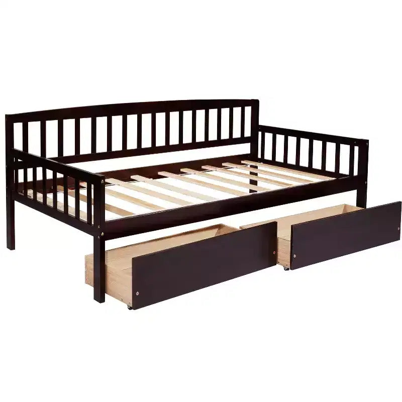 Lit de repos double en bois de pin avec 2 tiroirs de rangement et 10 lattes de support, marron