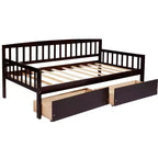 Lit de repos double en bois de pin avec 2 tiroirs de rangement et 10 lattes de support, marron