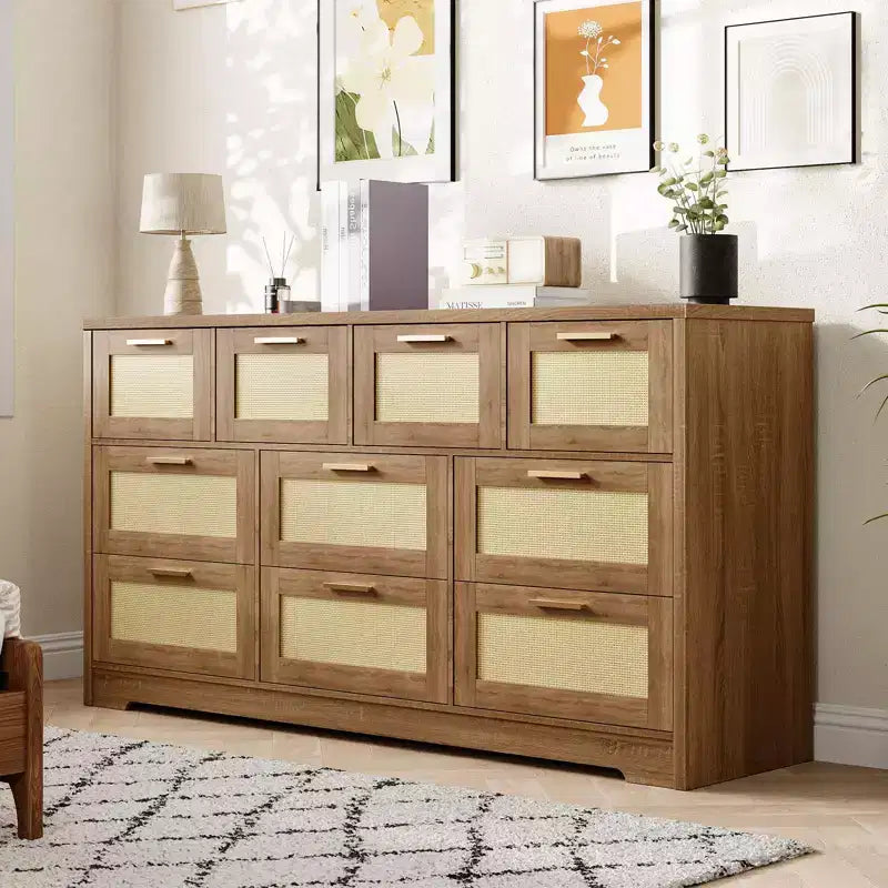 Commode 10 tiroirs pour chambre à coucher, commode de ferme en rotin avec poignées, armoire de rangement en bois autoportante pour salon, placard, entrée