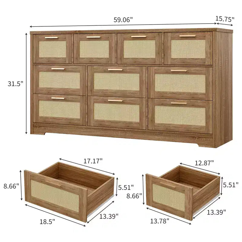 Commode 10 tiroirs pour chambre à coucher, commode de ferme en rotin avec poignées, armoire de rangement en bois autoportante pour salon, placard, entrée