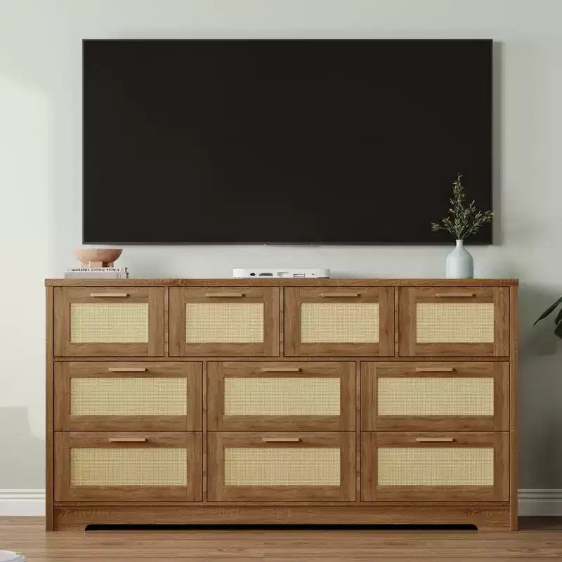 Commode 10 tiroirs pour chambre à coucher, commode de ferme en rotin avec poignées, armoire de rangement en bois autoportante pour salon, placard, entrée