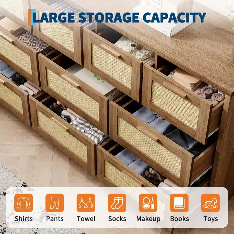 Commode 10 tiroirs pour chambre à coucher, commode de ferme en rotin avec poignées, armoire de rangement en bois autoportante pour salon, placard, entrée