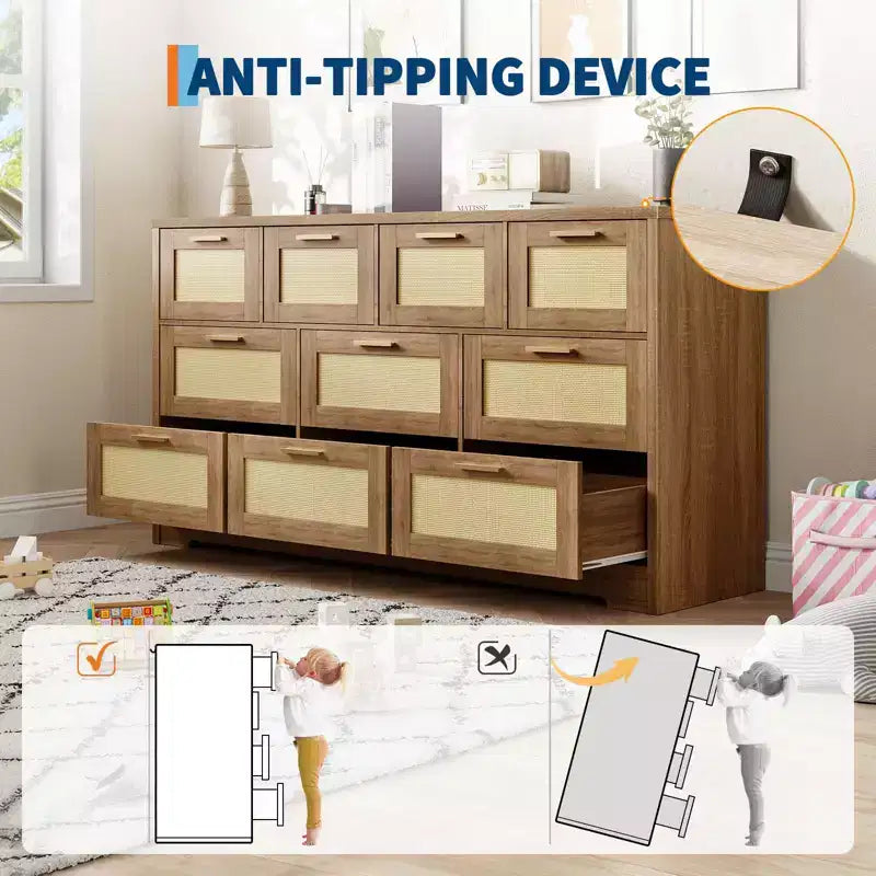 Commode 10 tiroirs pour chambre à coucher, commode de ferme en rotin avec poignées, armoire de rangement en bois autoportante pour salon, placard, entrée