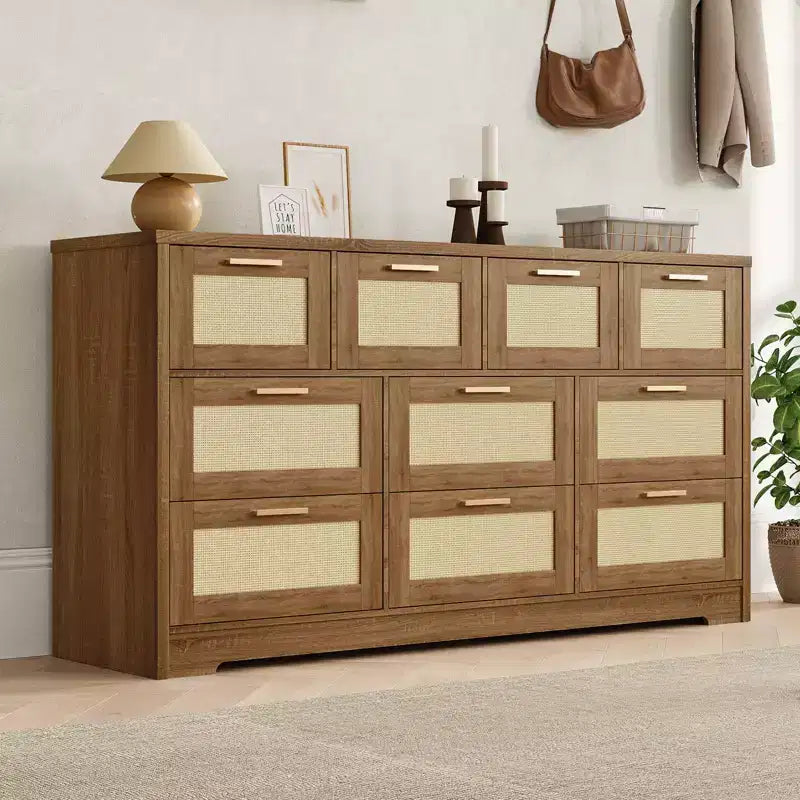Commode 10 tiroirs pour chambre à coucher, commode de ferme en rotin avec poignées, armoire de rangement en bois autoportante pour salon, placard, entrée