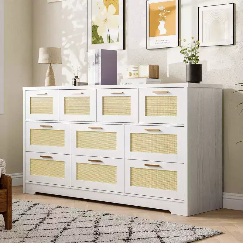 Commode 10 tiroirs pour chambre à coucher, commode de ferme en rotin avec poignées, armoire de rangement en bois autoportante pour salon, placard, entrée