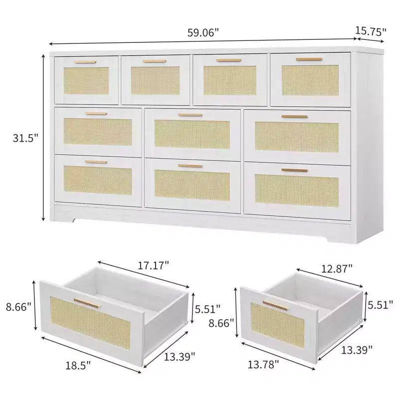 Commode 10 tiroirs pour chambre à coucher, commode de ferme en rotin avec poignées, armoire de rangement en bois autoportante pour salon, placard, entrée