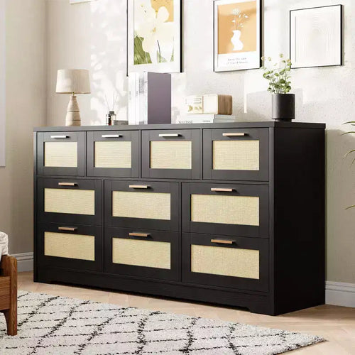 Commode 10 tiroirs pour chambre à coucher, commode de ferme en rotin avec poignées, armoire de rangement en bois autoportante pour salon, placard, entrée