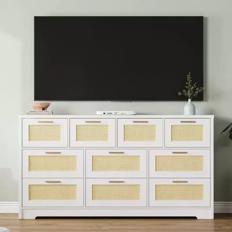 Commode 10 tiroirs pour chambre à coucher, commode de ferme en rotin avec poignées, armoire de rangement en bois autoportante pour salon, placard, entrée