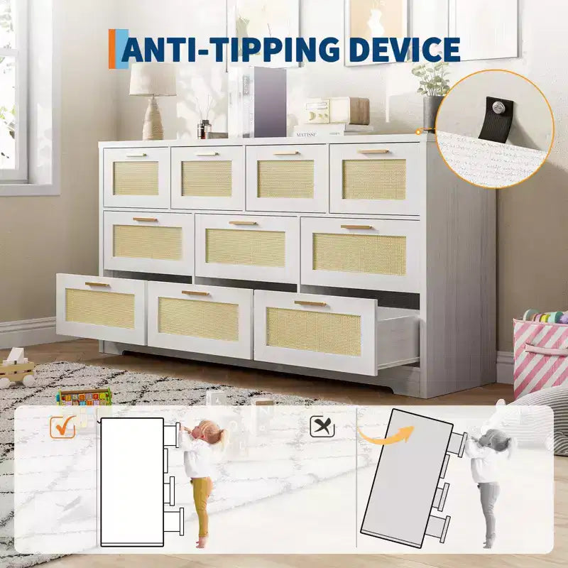 Commode 10 tiroirs pour chambre à coucher, commode de ferme en rotin avec poignées, armoire de rangement en bois autoportante pour salon, placard, entrée