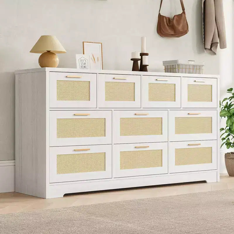 Commode 10 tiroirs pour chambre à coucher, commode de ferme en rotin avec poignées, armoire de rangement en bois autoportante pour salon, placard, entrée