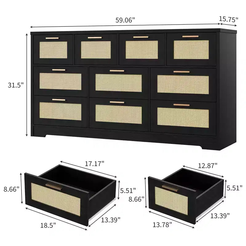 Commode 10 tiroirs pour chambre à coucher, commode de ferme en rotin avec poignées, armoire de rangement en bois autoportante pour salon, placard, entrée