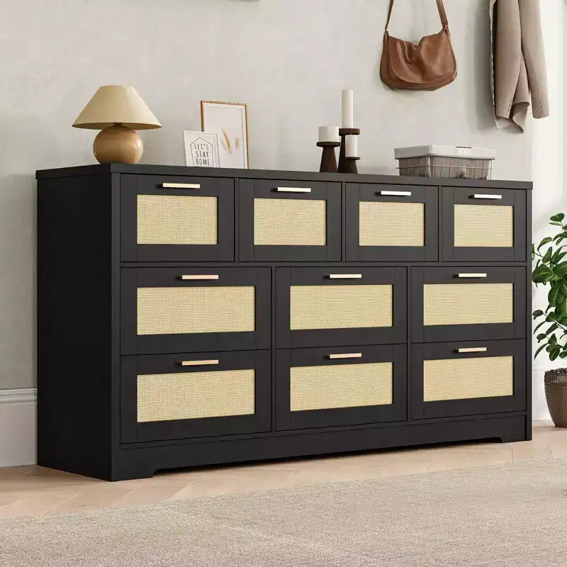 Commode 10 tiroirs pour chambre à coucher, commode de ferme en rotin avec poignées, armoire de rangement en bois autoportante pour salon, placard, entrée