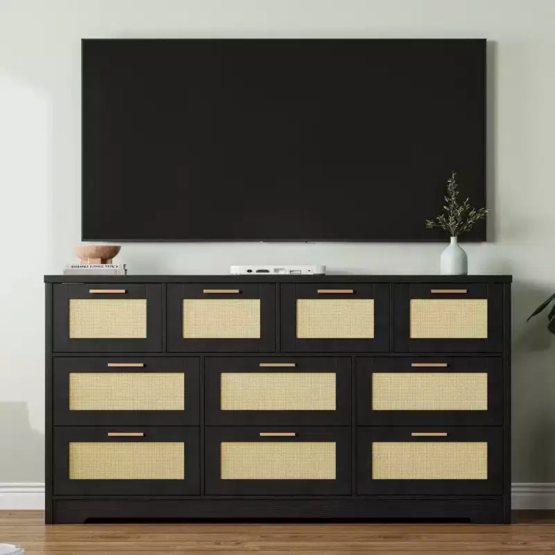 Commode 10 tiroirs pour chambre à coucher, commode de ferme en rotin avec poignées, armoire de rangement en bois autoportante pour salon, placard, entrée
