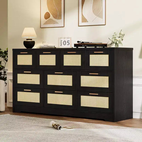 10-Drawer Dresser for Bedroom, Rattan Farmhouse Chest with Handles, Freestanding Wooden Storage Cabinet for Living Room, Closet, Entryway