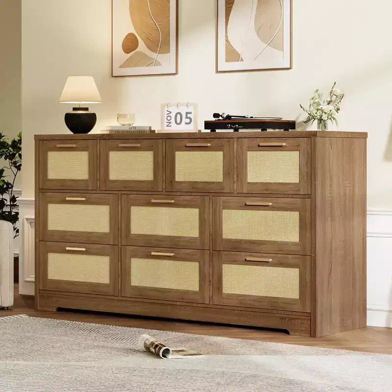 Commode 10 tiroirs pour chambre à coucher, commode de ferme en rotin avec poignées, armoire de rangement en bois autoportante pour salon, placard, entrée