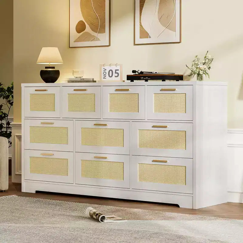 Commode 10 tiroirs pour chambre à coucher, commode de ferme en rotin avec poignées, armoire de rangement en bois autoportante pour salon, placard, entrée