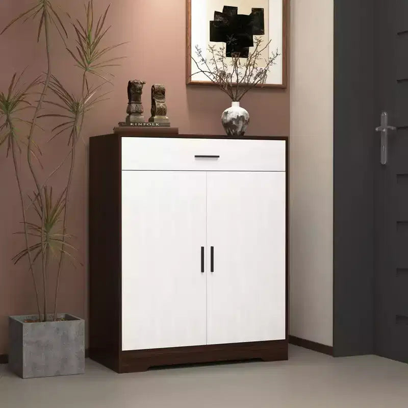 Meuble à chaussures 4 niveaux avec 1 tiroir, 2 portes blanches et étagères réglables pour entrée