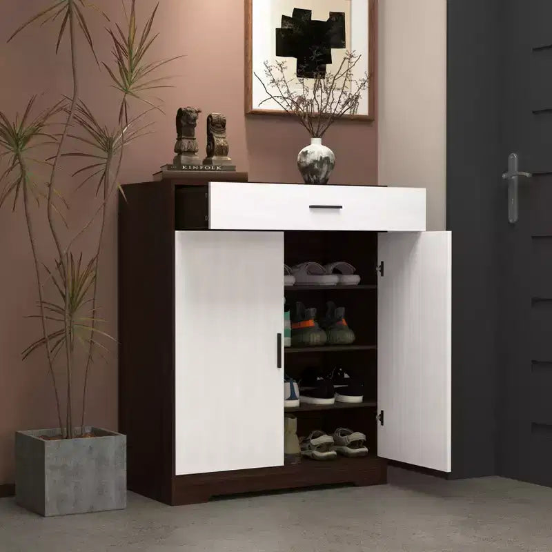 Meuble à chaussures 4 niveaux avec 1 tiroir, 2 portes blanches et étagères réglables pour entrée