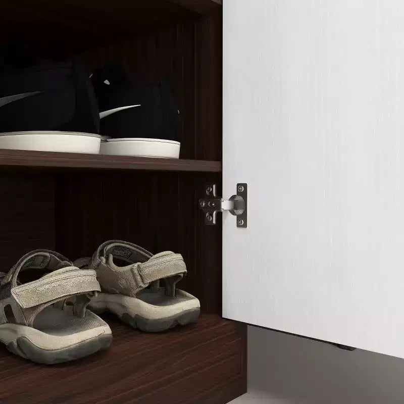 Meuble à chaussures 4 niveaux avec 1 tiroir, 2 portes blanches et étagères réglables pour entrée