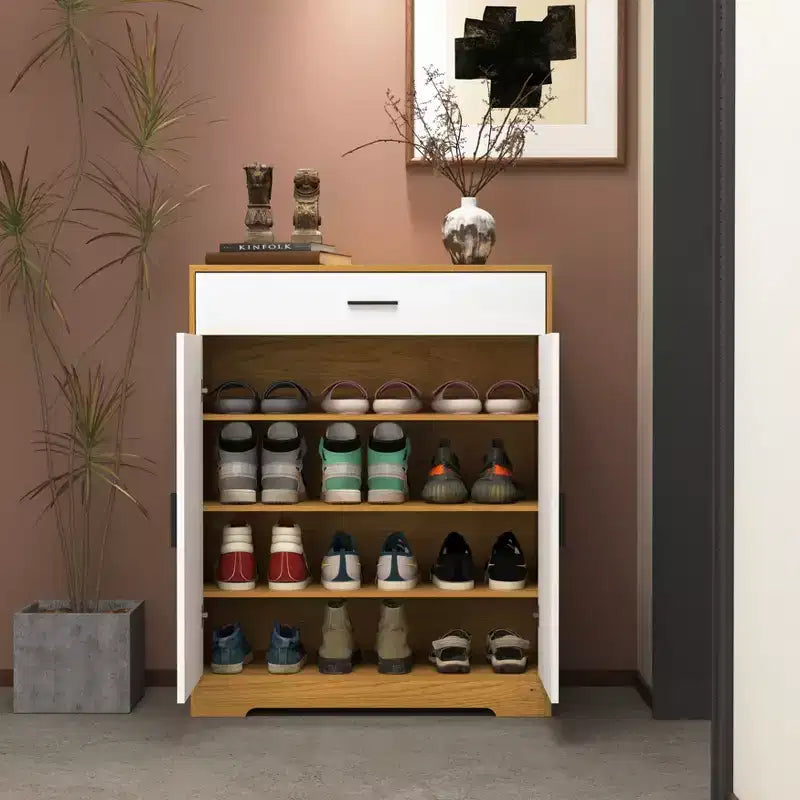 Meuble à chaussures 4 niveaux avec 1 tiroir, 2 portes blanches et étagères réglables pour entrée