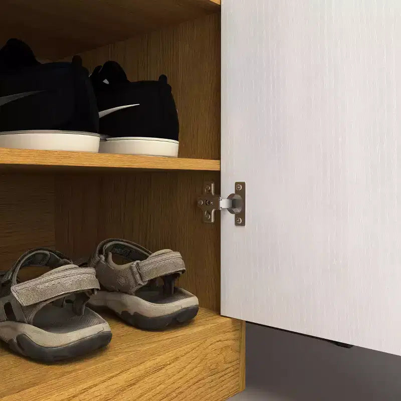 Meuble à chaussures 4 niveaux avec 1 tiroir, 2 portes blanches et étagères réglables pour entrée