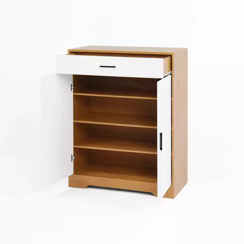 Meuble à chaussures 4 niveaux avec 1 tiroir, 2 portes blanches et étagères réglables pour entrée