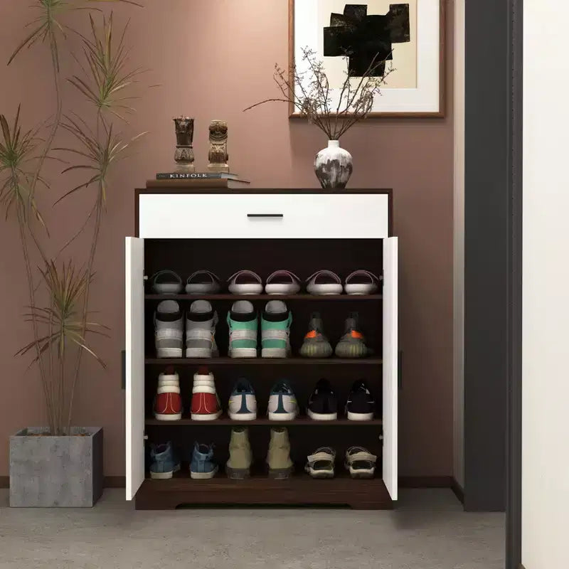 Meuble à chaussures 4 niveaux avec 1 tiroir, 2 portes blanches et étagères réglables pour entrée