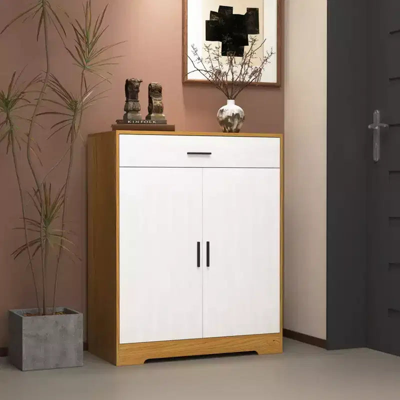 Meuble à chaussures 4 niveaux avec 1 tiroir, 2 portes blanches et étagères réglables pour entrée