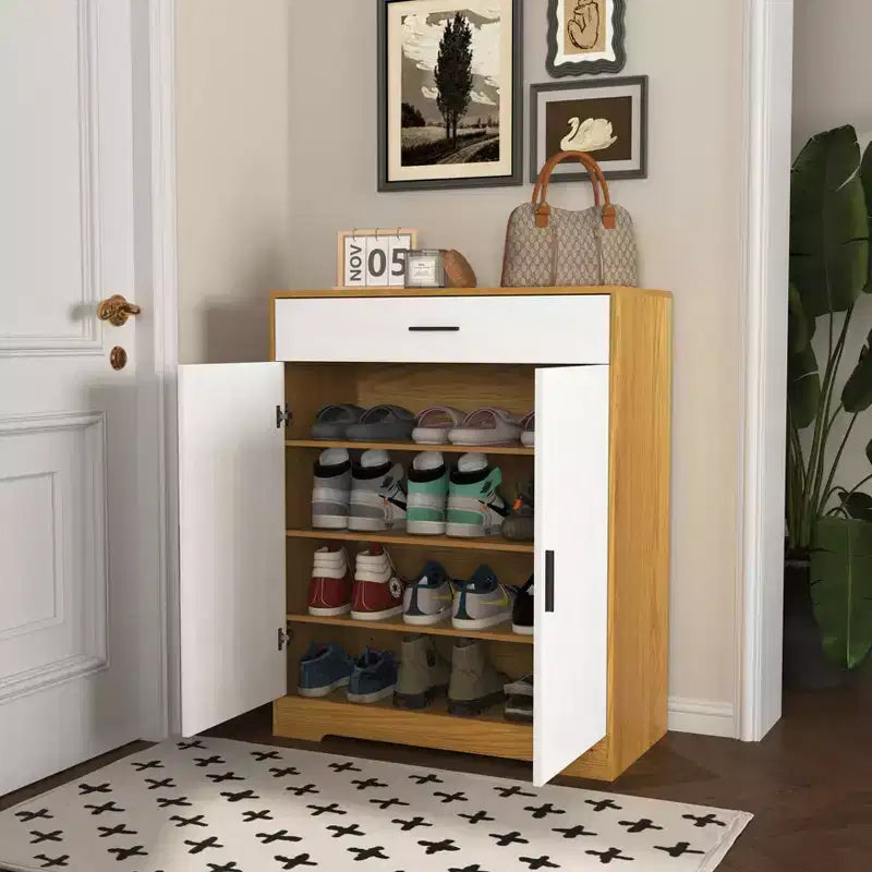 Meuble à chaussures 4 niveaux avec 1 tiroir, 2 portes blanches et étagères réglables pour entrée