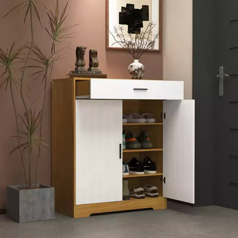 Meuble à chaussures 4 niveaux avec 1 tiroir, 2 portes blanches et étagères réglables pour entrée