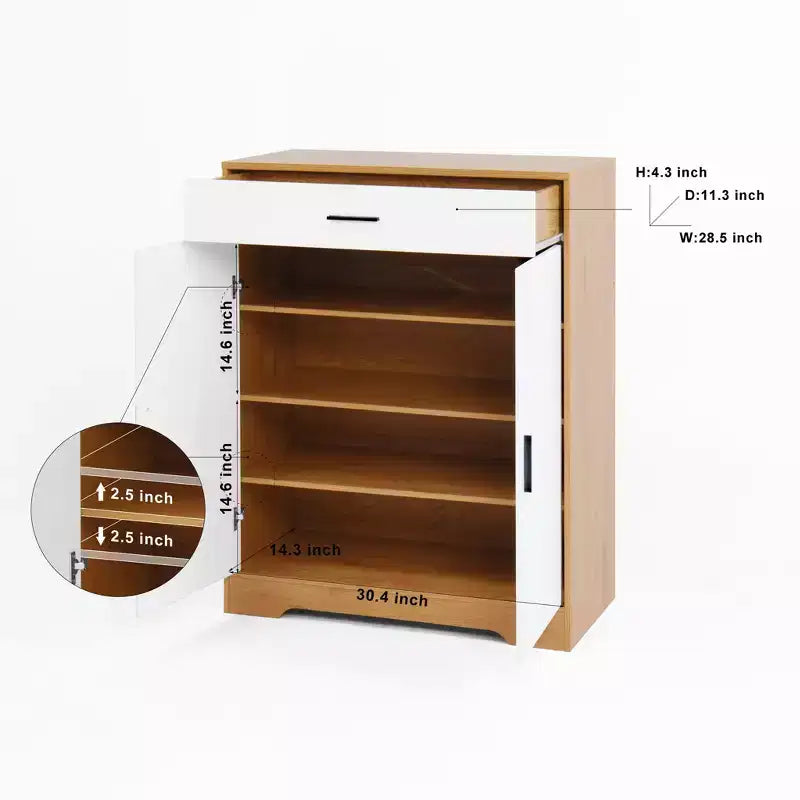 Meuble à chaussures 4 niveaux avec 1 tiroir, 2 portes blanches et étagères réglables pour entrée