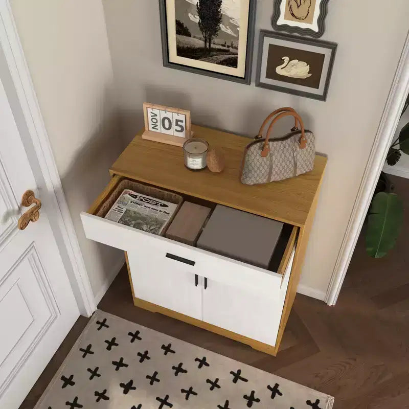 Meuble à chaussures 4 niveaux avec 1 tiroir, 2 portes blanches et étagères réglables pour entrée
