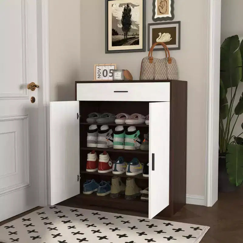 Meuble à chaussures 4 niveaux avec 1 tiroir, 2 portes blanches et étagères réglables pour entrée