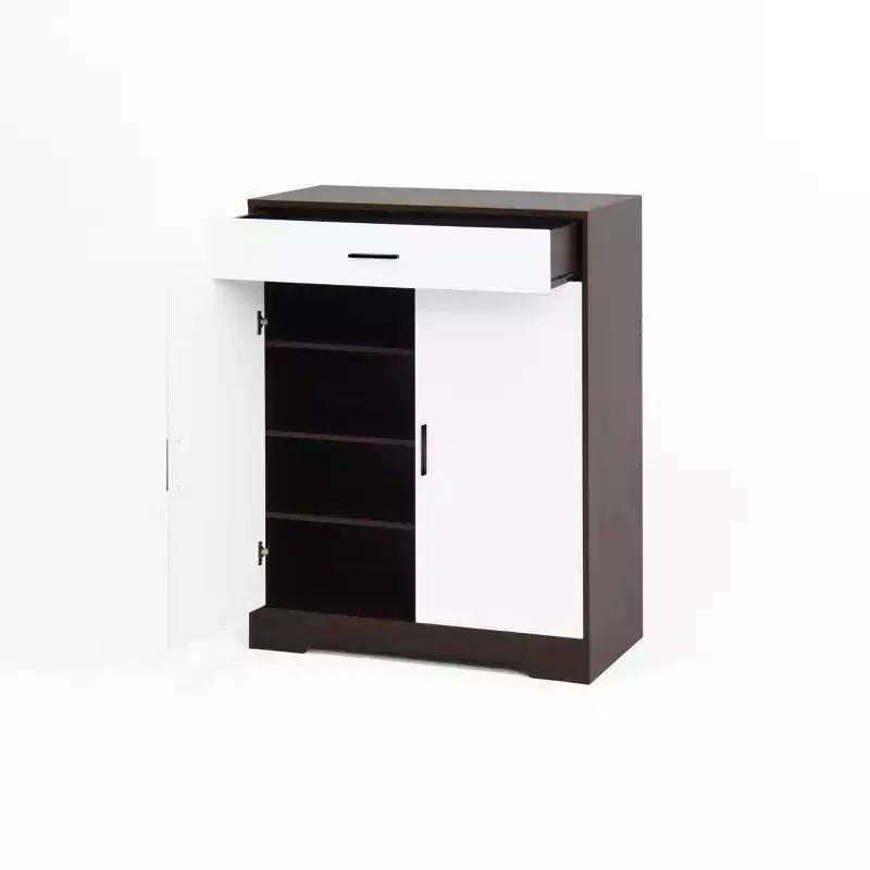 Meuble à chaussures 4 niveaux avec 1 tiroir, 2 portes blanches et étagères réglables pour entrée