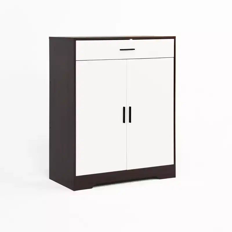 Meuble à chaussures 4 niveaux avec 1 tiroir, 2 portes blanches et étagères réglables pour entrée