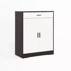 Meuble à chaussures 4 niveaux avec 1 tiroir, 2 portes blanches et étagères réglables pour entrée