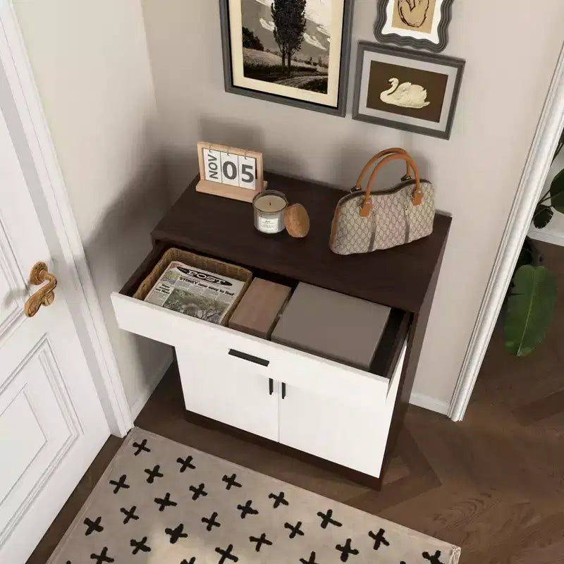 Meuble à chaussures 4 niveaux avec 1 tiroir, 2 portes blanches et étagères réglables pour entrée