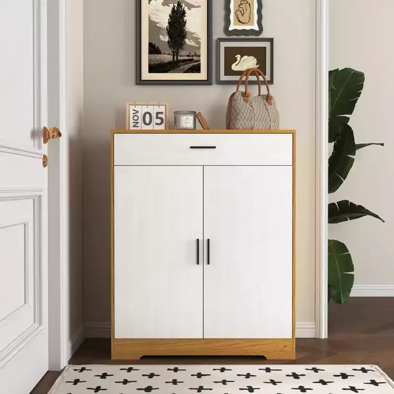 MAYEERTY Shoe Cabinet, 4-Tier Rack with 1 Drawer, Freestanding Wooden Storage with 2 White Doors & Adjustable Shelves for Entryway/Hallway