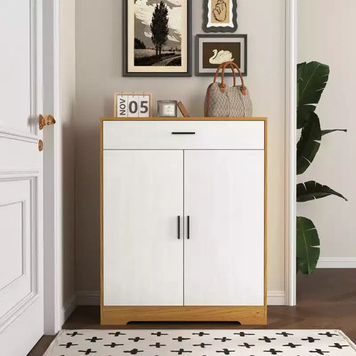MAYEERTY Shoe Cabinet, 4-Tier Rack with 1 Drawer, Freestanding Wooden Storage with 2 White Doors & Adjustable Shelves for Entryway/Hallway