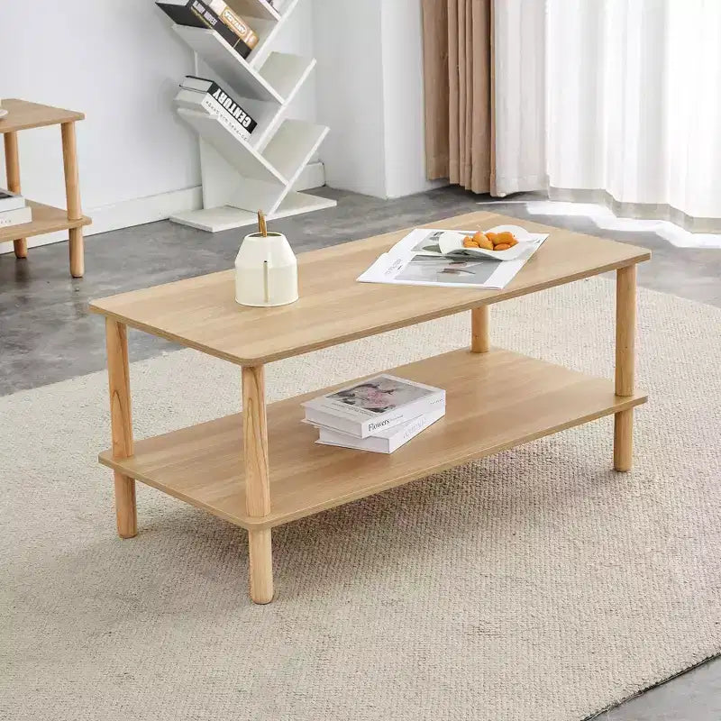 Modern 2-Tier Coffee Table for Living Room Furniture,Rectangular Center Table with Open Storage Shelf,Rounded Rubberwood legs