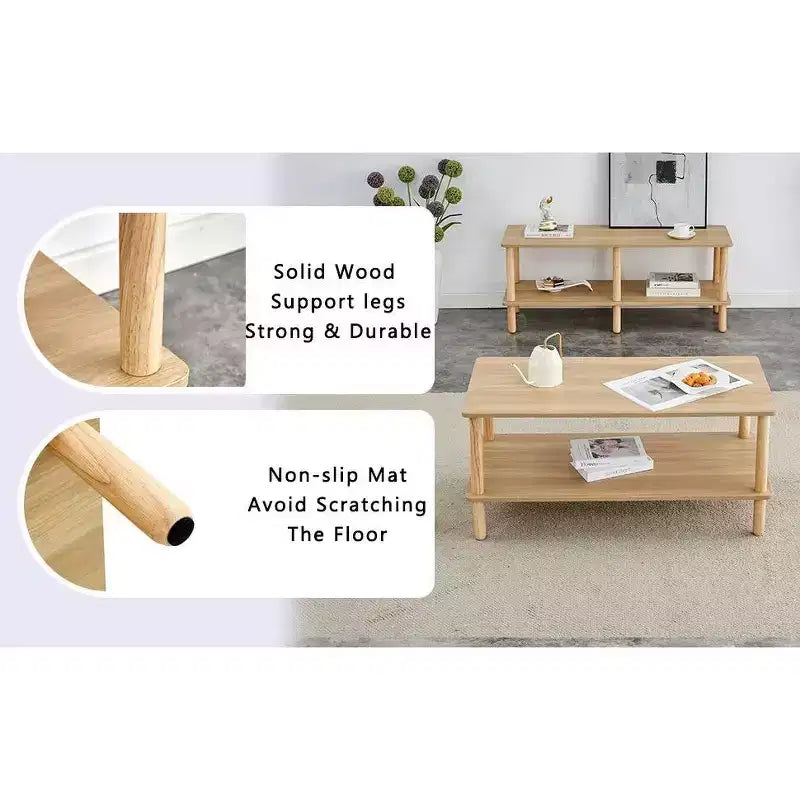Table basse moderne à 2 niveaux pour salon, table centrale rectangulaire avec étagère de rangement ouverte, pieds arrondis en bois d'hévéa