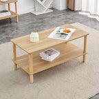 Table basse moderne à 2 niveaux pour salon, table centrale rectangulaire avec étagère de rangement ouverte, pieds arrondis en bois d'hévéa