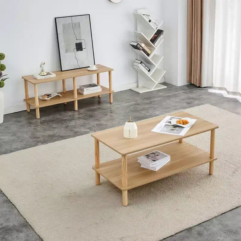 Table basse moderne à 2 niveaux pour salon, table centrale rectangulaire avec étagère de rangement ouverte, pieds arrondis en bois d'hévéa