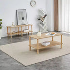 Table basse moderne à 2 niveaux pour salon, table centrale rectangulaire avec étagère de rangement ouverte, pieds arrondis en bois d'hévéa