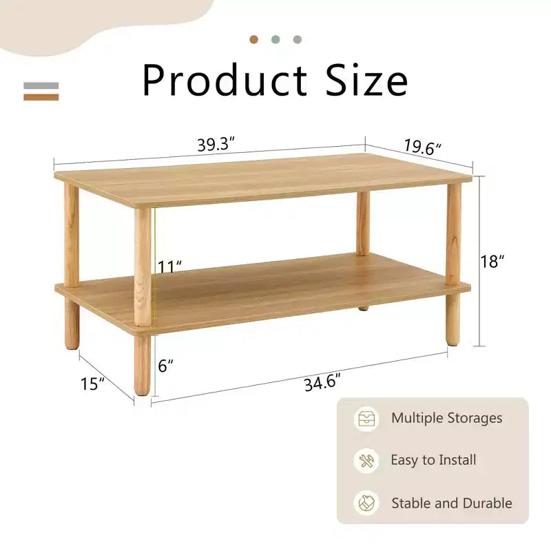 Table basse moderne à 2 niveaux pour salon, table centrale rectangulaire avec étagère de rangement ouverte, pieds arrondis en bois d'hévéa